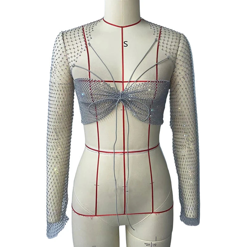 Glitter Rhinestone Long Sleeve T Shirt Sexy See Through Hollow Out Fishnet Mesh Backless Crop Tops Nightclub Party Tank Top