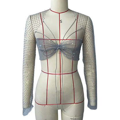 Glitter Rhinestone Long Sleeve T Shirt Sexy See Through Hollow Out Fishnet Mesh Backless Crop Tops Nightclub Party Tank Top