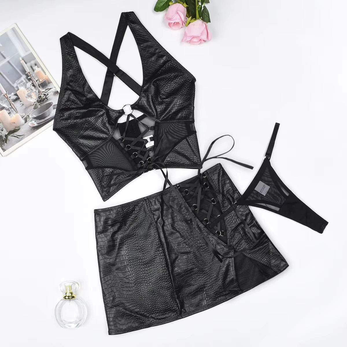 Sexy Short Mini Skirts Sets for Women 2 Pieces Leather Outfit Lace Up Cross Bra Coquette Youthful New in Matching Sets