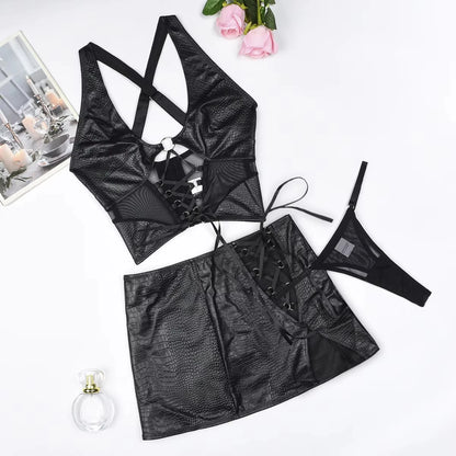 Sexy Short Mini Skirts Sets for Women 2 Pieces Leather Outfit Lace Up Cross Bra Coquette Youthful New in Matching Sets