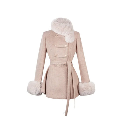 Winter French Vintage Elegant Wool Coat Woman Black Chic Shawl Cloak + Retro Loose Trench Overcoat Female Bandage Design Outfits