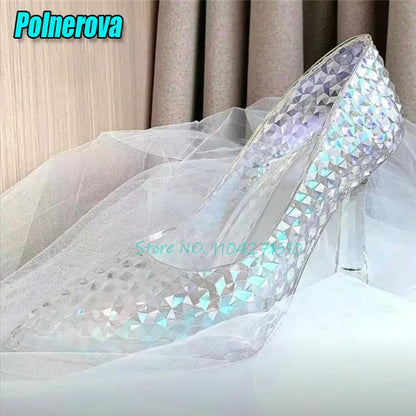 Transparent Crystal High Heels Wedding Bridal Shoes Luxury Pointed Toe Round Heel Women Pumps Elegant Fairy Banquet Party Shoes
