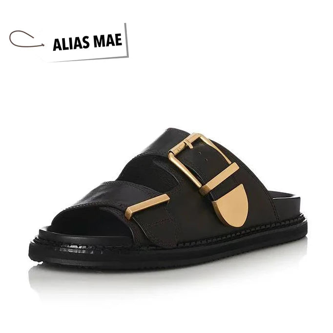 ALIAS MAE Women's Genuine Leather Double-Strap Slippers Vintage Gold Buckle Streetwear Beach Sandals Minimalist Luxury Style
