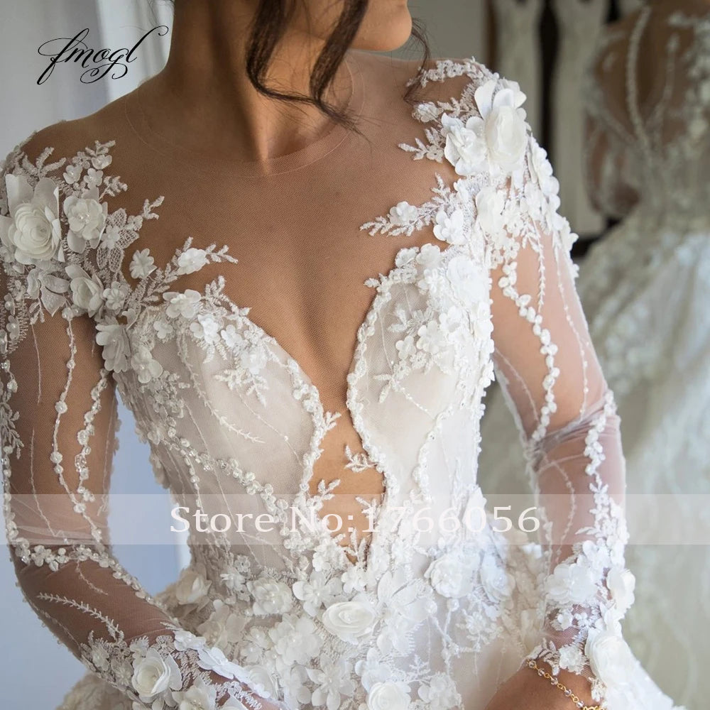 Customized Sexy Sweetheart Long Sleeve Lace Ball Gown Wedding Dresses Luxury Flowers Chapel Train Vintage Bridal Gown