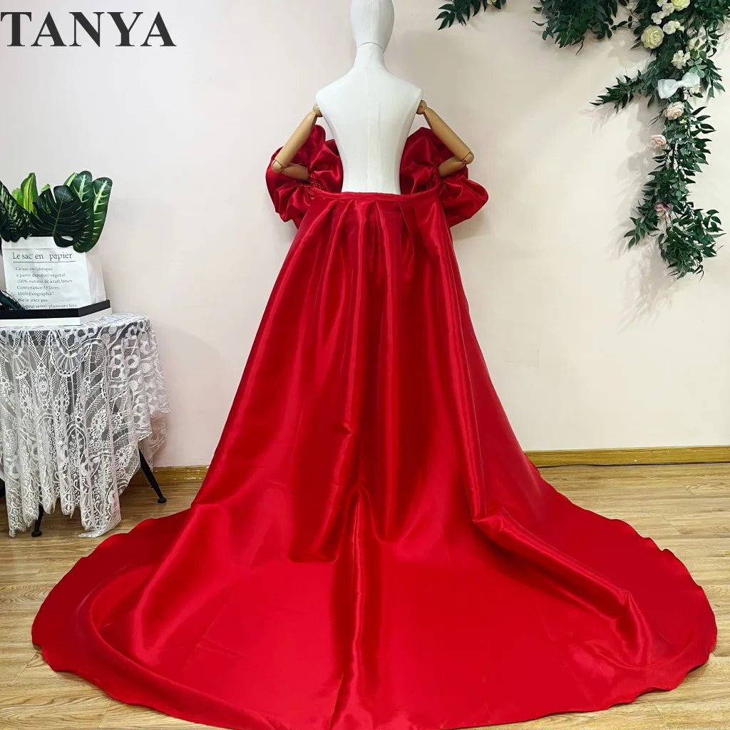 Red  Mikado Satin Long Wedding Cape Puffy Short Sleeves Court Tain Evening Cape Outfit Coat For Women Costume DJ199