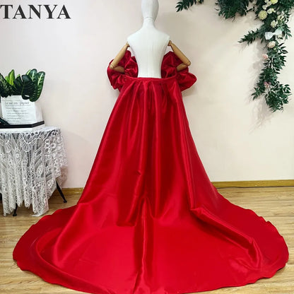Red  Mikado Satin Long Wedding Cape Puffy Short Sleeves Court Tain Evening Cape Outfit Coat For Women Costume DJ199