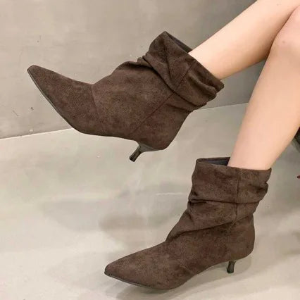 Brown Retro Elegant Designer Ankle Boots Women Fashion Pleated Suede Autumn Winter Kitten Heels Party Prom Chelsea Shoes