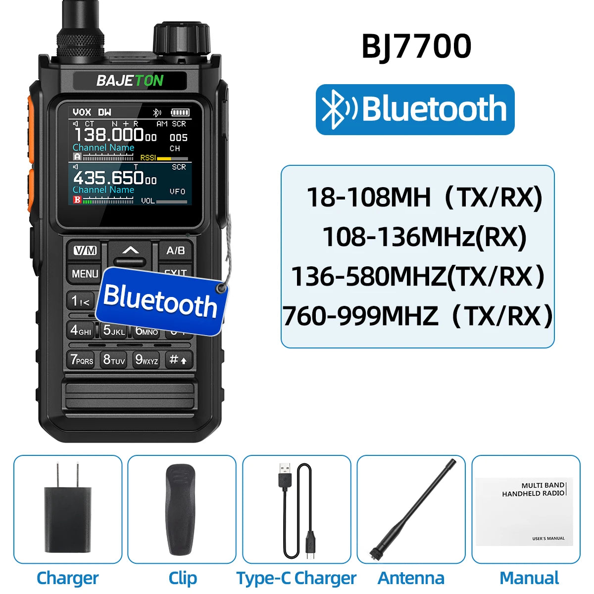 BAJETON BJ-7700 Walkie Talkie Multi Band Wireless Bluetooth Phone Programming Noise Reduction AM FM Ham Radio For Camping BT8200