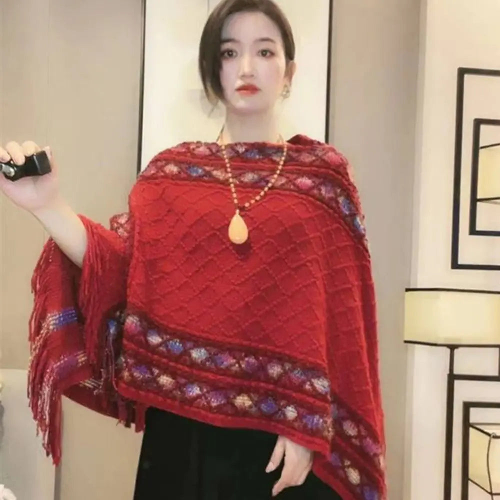 Plush Winter Warm Mongolian Poncho Ethnic Style Imitation Cashmere Rhombic Stripe Tassel Shawl Knitting Wraps Women Fashion