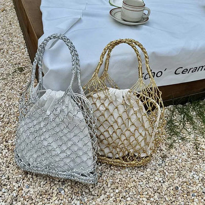 Hylhexyr Ins New Solid Color Gold and Silver Thread Handmade Weaving Bag Bucket Shaped Fashion Handbag Beach Bags