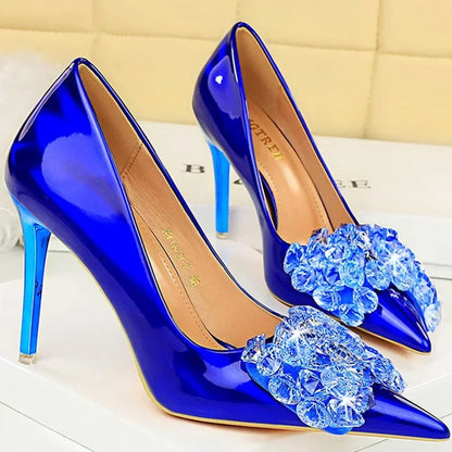 Women 10.5cm High Heels Glossy Leather Drag Queen Banquet Dress Pumps Lady Luxury Crystal Bow Stiletto Blue Green Red Prom Shoes