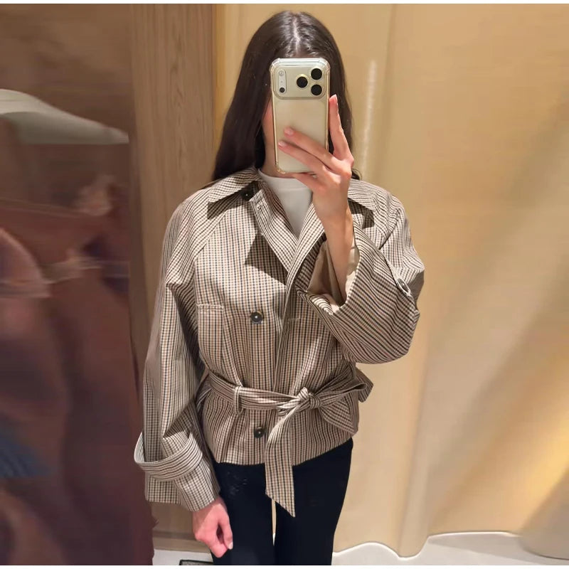 Plaid Cropped Trench Coat Lapel Collar Double Breasted Belted Waist Long Sleeve Women All-match Coats 2026 Autumn Commute Outfit