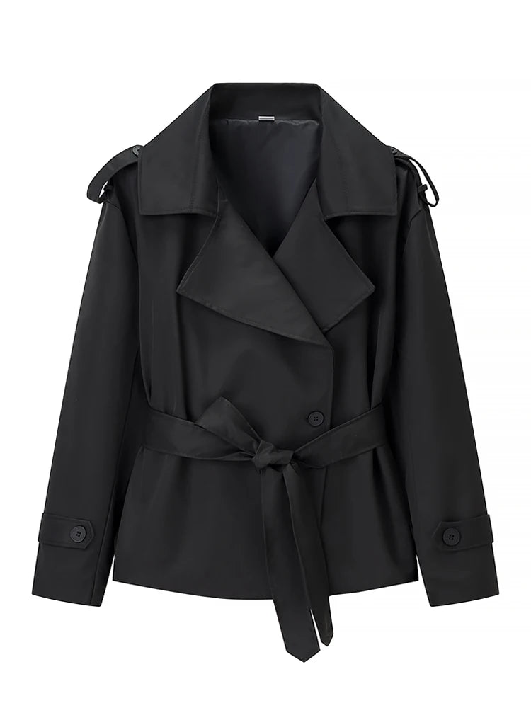 Women Black Long Solid Color Trench Coat Stand Collar Loose Drop Shoulder Single-breasted Windbreaker Lady Commute Outing Wear