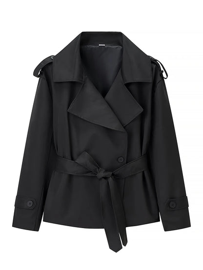 Women Black Long Solid Color Trench Coat Stand Collar Loose Drop Shoulder Single-breasted Windbreaker Lady Commute Outing Wear