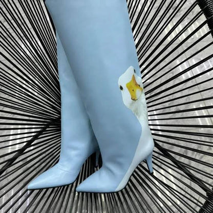Women Cute Duck Print Light Blue Knee High Stiletto Boots Pointed Toe Printing Long Boots Fashion Party Shoes Botas Mujer