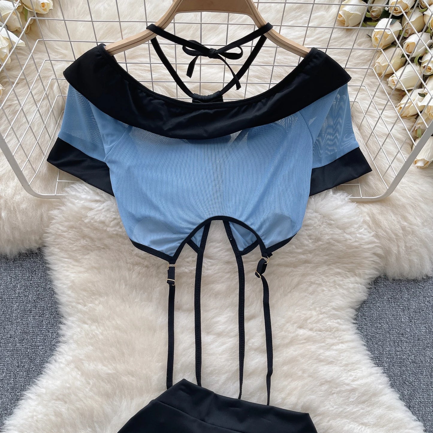 Coquette Lace Lingerie Set Sexy Mesh Bodysuit Valentines Day Sleepwear Gothic Strappy Catsuit Intimate Nightwear Romper
