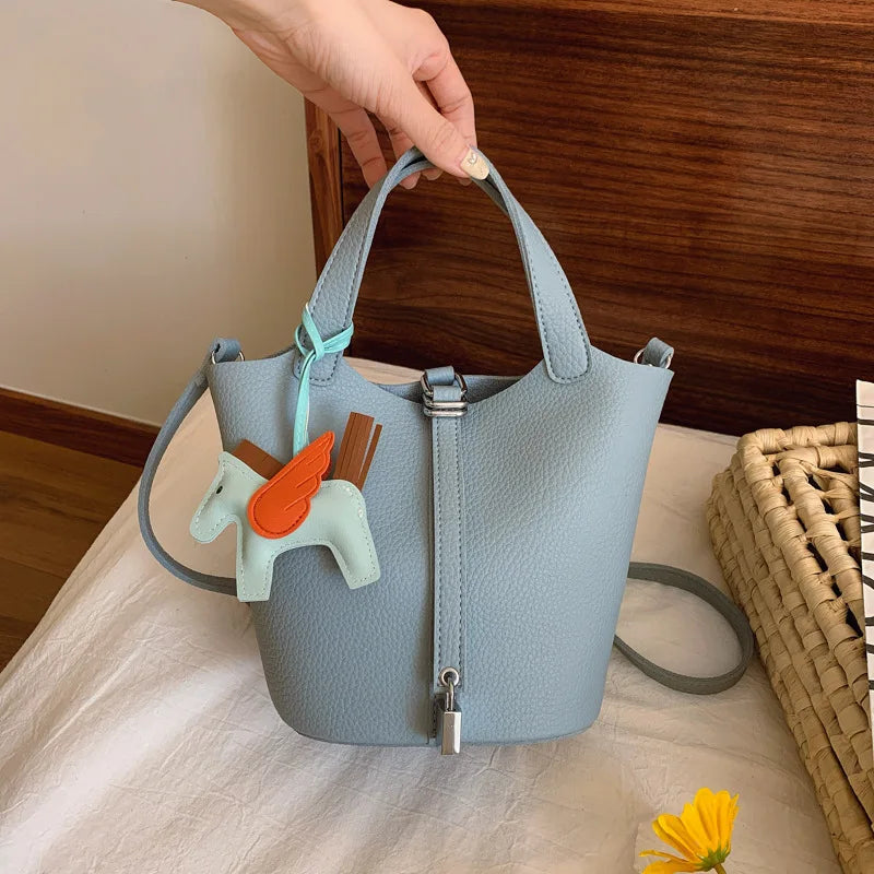 Fashion Vegetable Basket Bucket Bag Women's Autumn New Lychee Pattern Shoulder Bag Simple Solid Color Niche Messenger Bag