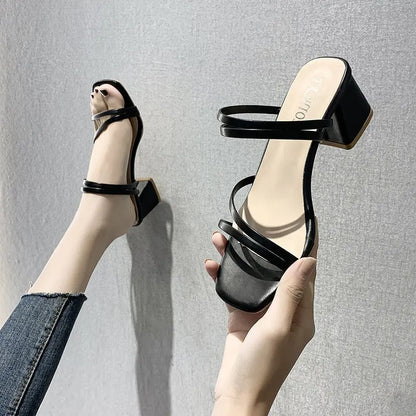 Women Sandals Ladies Square Heels Elegant Summer Slippers Outside Cross Tied Leather Female Slides 2025 Fashion Woman Sandals