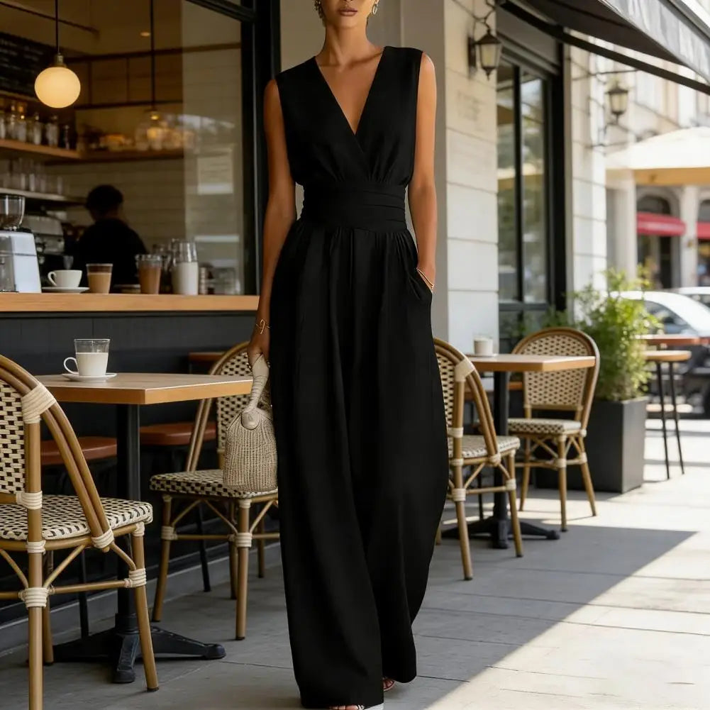 Women's Sleeveless Jumpsuits V Neck Straight Long Pants Rompers With Pockets Summer Casual One Piece Overalls 2026