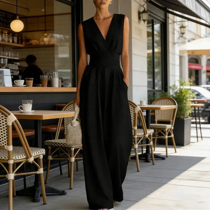Women's Sleeveless Jumpsuits V Neck Straight Long Pants Rompers With Pockets Summer Casual One Piece Overalls 2026
