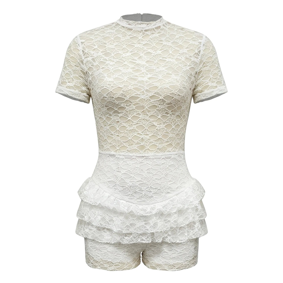 Solid Balck Women Lace Jumpsuits For Summer Autumn Short Sleeve O-Neck Loose Fashion Streetwear Overalls Pencil Pants Trousers