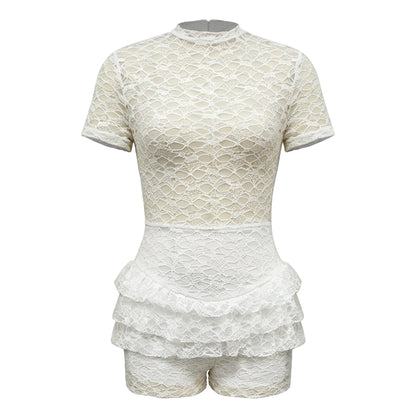Solid Balck Women Lace Jumpsuits For Summer Autumn Short Sleeve O-Neck Loose Fashion Streetwear Overalls Pencil Pants Trousers