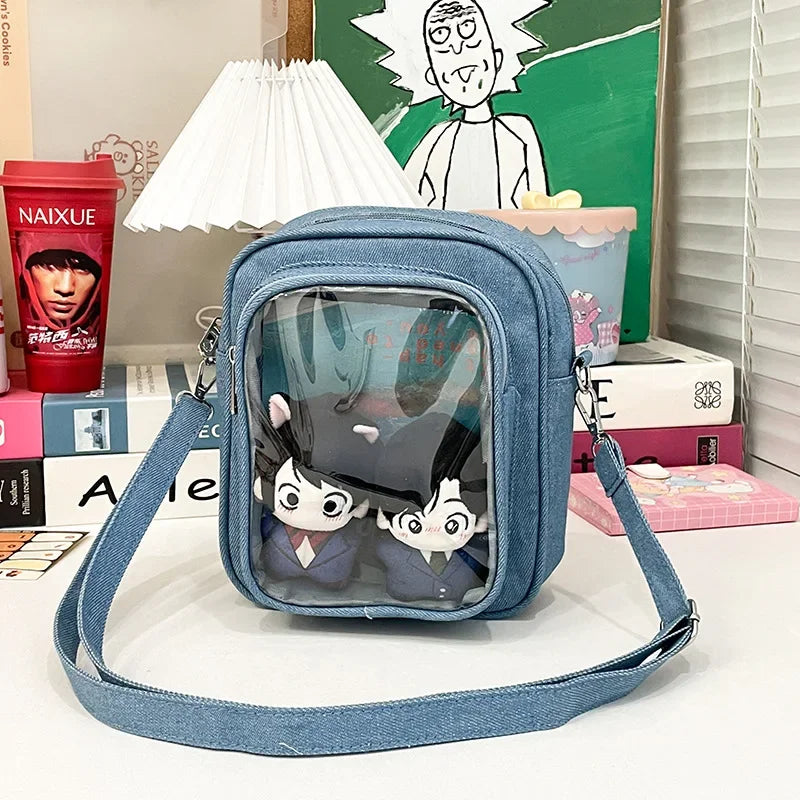 New Denim Ulzzang Ita Bags Female Transparent Badge Doll Show Crossbody Shoulder Bag Individuality Designer 2 Sides Bolso Mujer