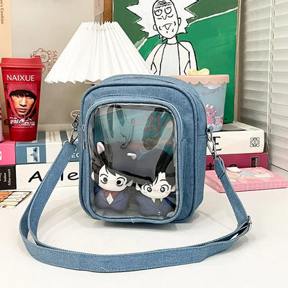 New Denim Ulzzang Ita Bags Female Transparent Badge Doll Show Crossbody Shoulder Bag Individuality Designer 2 Sides Bolso Mujer