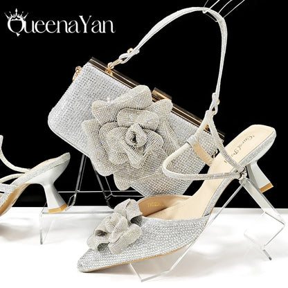 2025 Large Flower Design Shoes & Bag Nigerian Coffee Color Women's Stiletto Shoes For Special Good Time INS Style