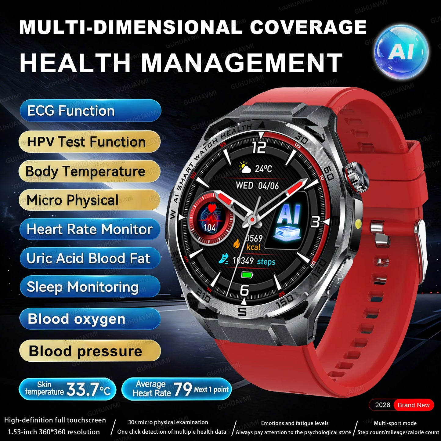 2026 New ECG+PPG Body Fat Analysis Health Smart Watch Uric Acid BP Blood Oxygen Bluetooth call Sports Smart Watch For Men Women
