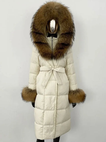 OFTBUY 2024 Long Winter Jacket Women Natural Real Raccoon Fox Fur Collar Hooded White Duck Down Coat Thick Warm Casual Outerwear