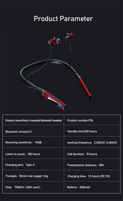 EARDECO 100 Hours Playback Bluetooth Headphone Bass Inear Wireless Headphones Neckband Earphones Headphones Sport Stereo TF Card