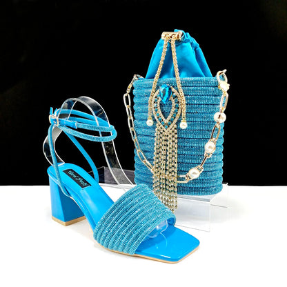 Stylish And Special Olive Bright Bag Match Women's Sandals Set With Big Diamond Tassels And Long And Short Double Chains