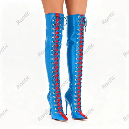 Rontic Custom Crafted Blue Thigh High Boots Stiletto Heel Design Red Detail Laces Pointed Toe Patent Leather Artisan Size 5-15
