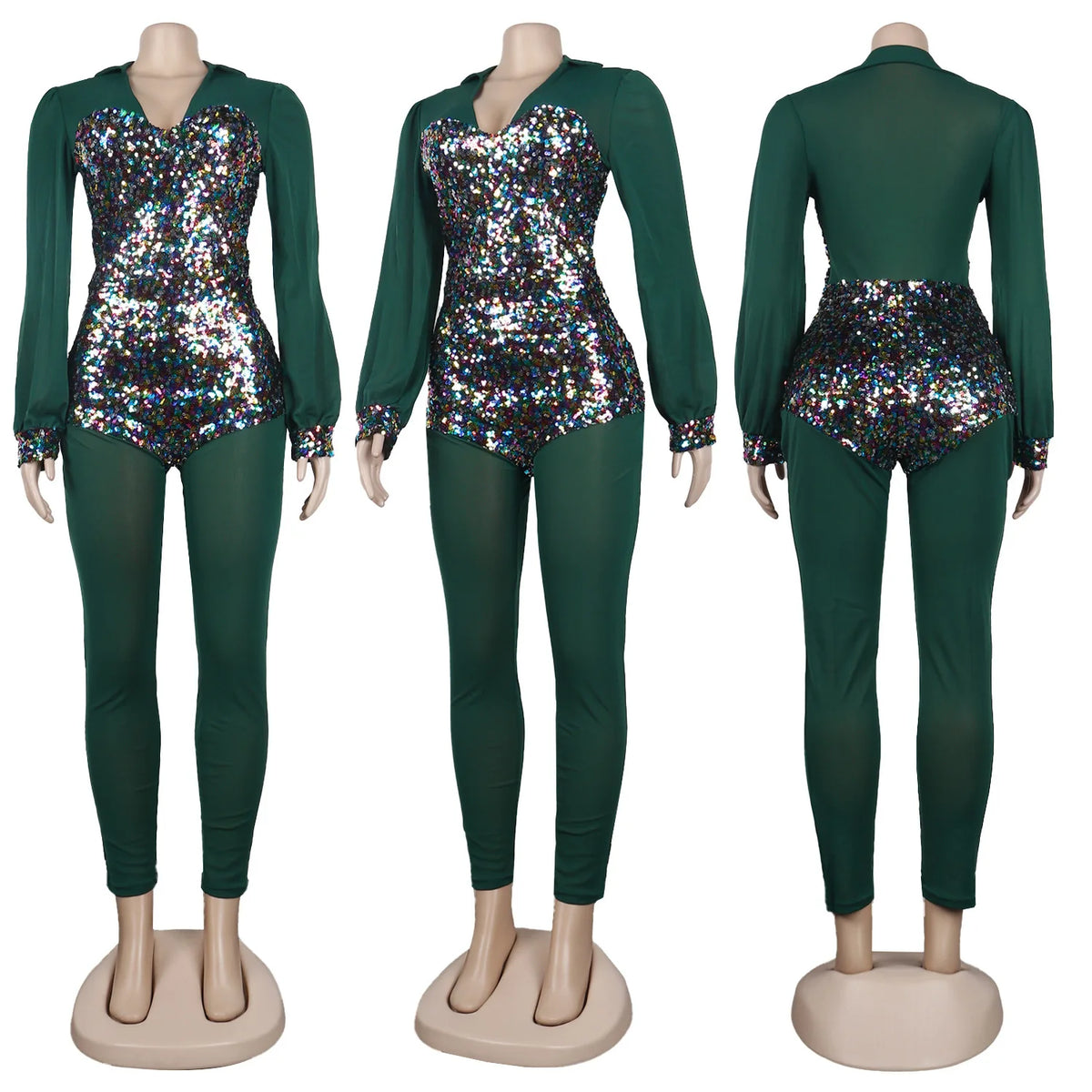 Sequined Club Pencil Jumpsuit Sexy Women V-neck Bodycon Autumn Sequins Party Overalls Romper