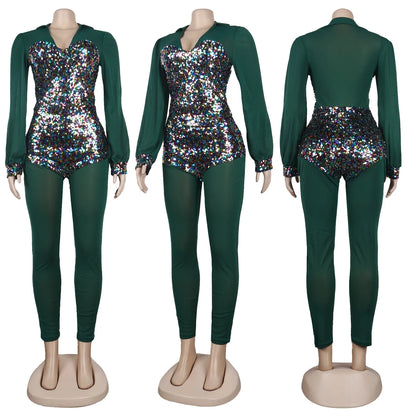 Sequined Club Pencil Jumpsuit Sexy Women V-neck Bodycon Autumn Sequins Party Overalls Romper