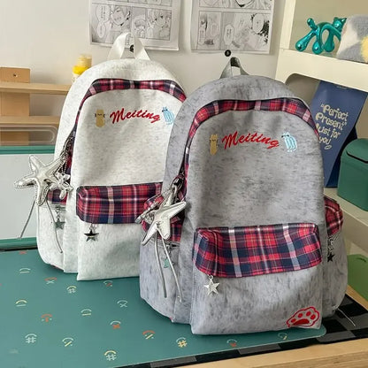 Preppy Style Blue Backpack for Girls, Plaid Spliced School Bag, Cute Nylon Daypack Star Pendant, Large Capacity Student Rucksack