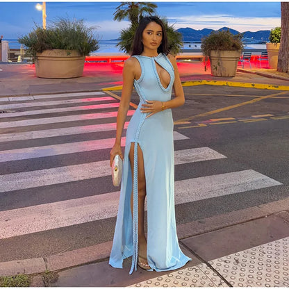 Braided Trim Sexy High Slit Dress Lady Sleeveless Hollow Out Backless Bodycon Maxi Dresses 2026 Summer Elegant Chic Evening Gown