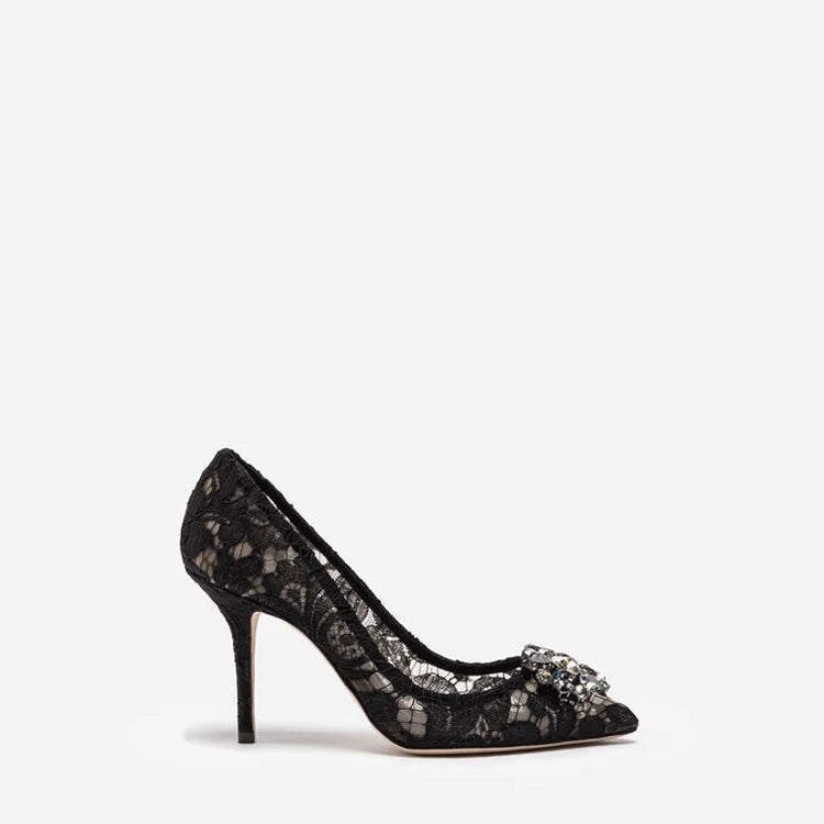 Mesh lace high-heeled shallow mouth shoes 2026 new pointed crystal buckle slim heel fashionable banquet women's single shoes