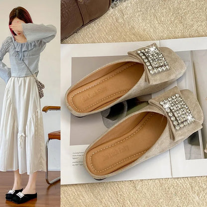 Women's Flat Shoes Korean Style Square Toe Moccasins Ladies Footwear 2025 Trend Young Summer Chic and Elegant Luxury Brand
