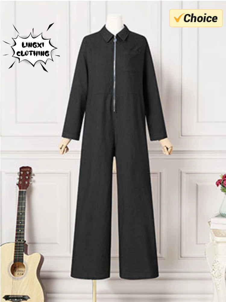 2024 Spring New Women's Jumpsuit Street Style Retro Washed Denim Fabric Lapel Half Open Long Sleeved Women's Jumpsuit