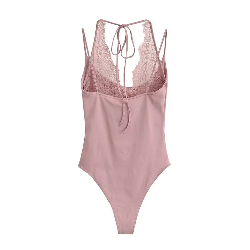 Women's Jumpsuit 2026 Spring New Solid Color Halter Neck Lace Splice Sexy Slim-Fit Romper Personalized Fashion