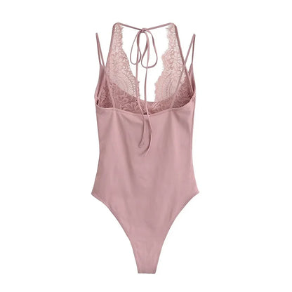 Women's Jumpsuit 2026 Spring New Solid Color Halter Neck Lace Splice Sexy Slim-Fit Romper Personalized Fashion