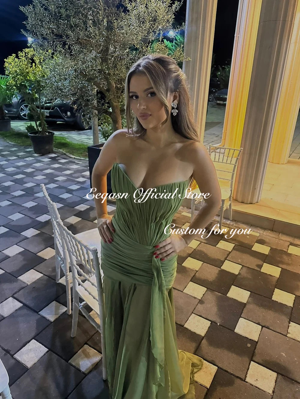 Modern Olive Green Evening Dresses Mermaid Chiffon Long Dress For Wedding Guests Corset Vestidos De Fiesta Party Customized