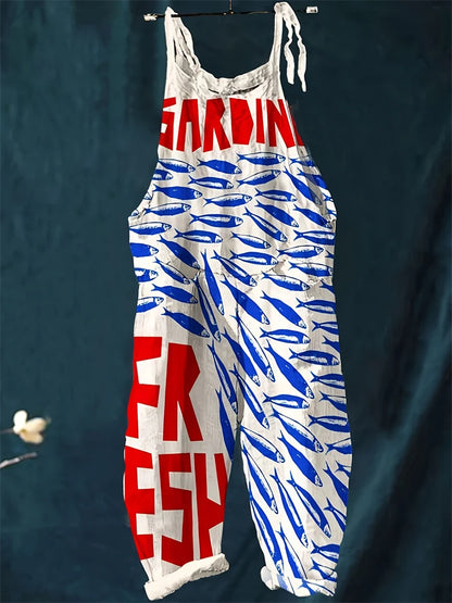 Retro Ladies Fish Print Fashion Suspender Jumpsuit Summer Outdoor Bottom Leisure Suspender Pants Casual Loose Trousers