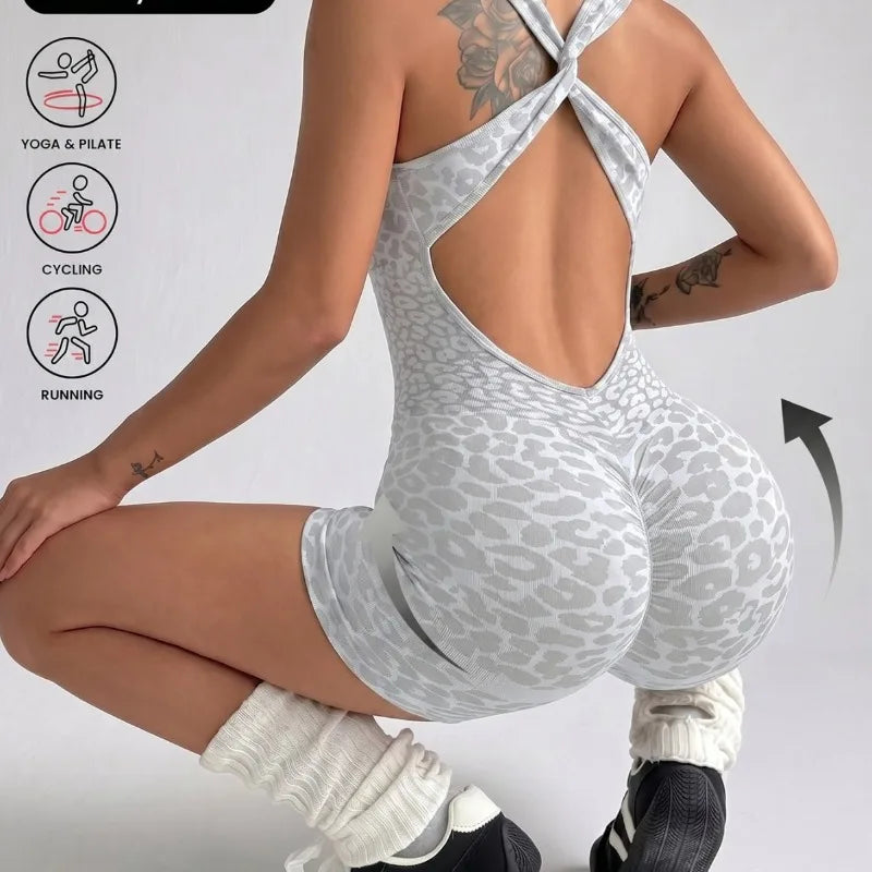 Woman Clothes Leopard Jumpsuits Rompers Backless Seamless Yoga Fitness Sports Overalls Female One Piece Sleeveless Gym Bodysuit