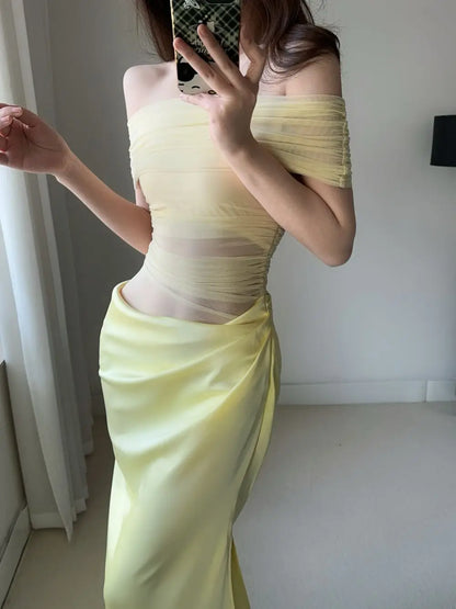 MsChuh Summer Party Dresses For Woman One-shoulder Long Evening Dress Sexy Holiday French Vestidos Solid Color Temperament Slim