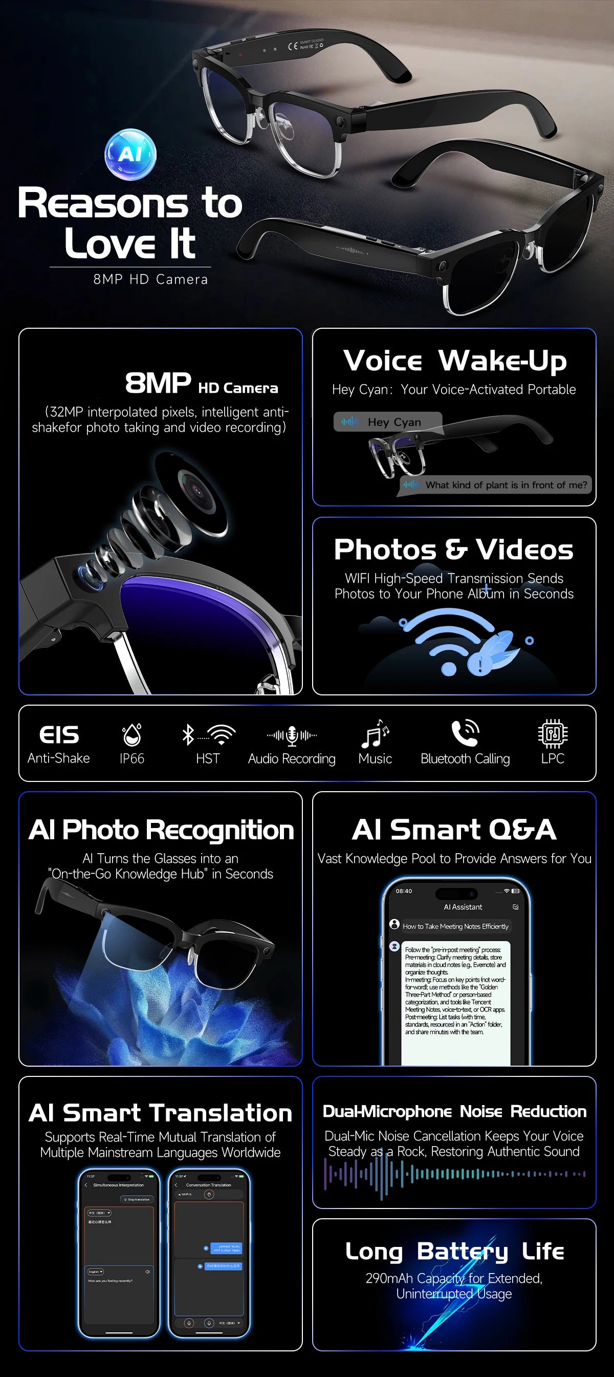 2026 New Smart AI Glasses AI Intelligent Translation 4K Ultra HD 8MP HD Camera AI Voice Wake-up Photo Recording AI Smart Glasses