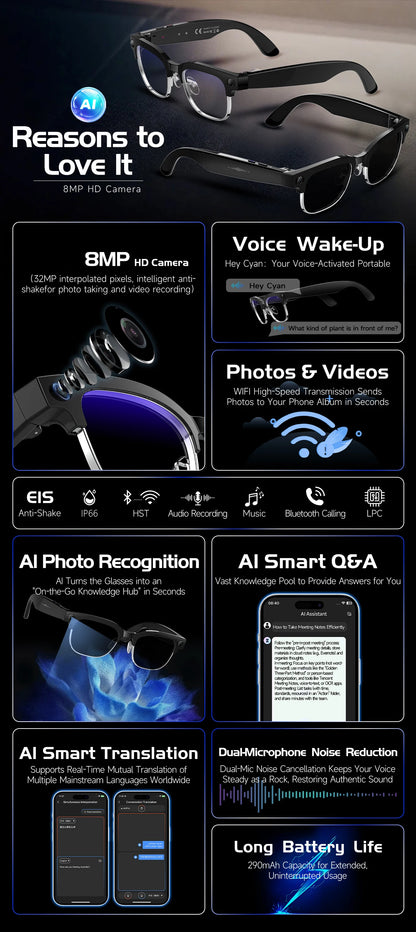 2026 New Smart AI Glasses AI Intelligent Translation 4K Ultra HD 8MP HD Camera AI Voice Wake-up Photo Recording AI Smart Glasses