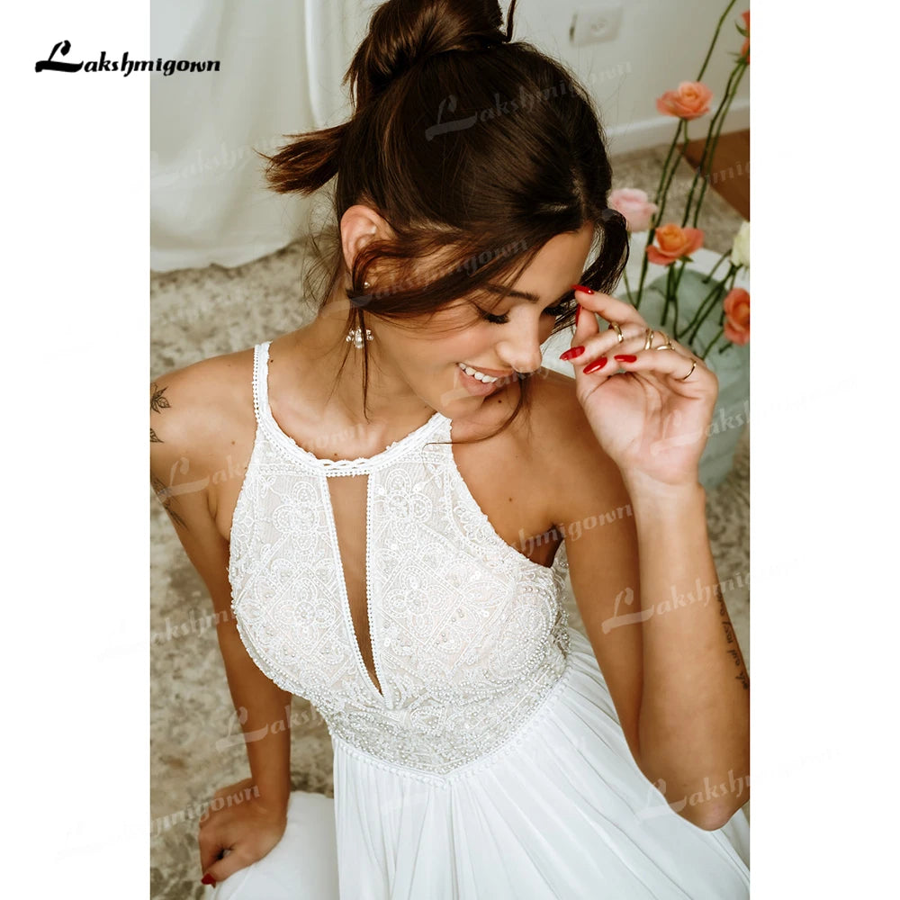 Boho Halter Sleeveless Lace Top Chiffon A Line Wedding Dress For Women Customized Bridal Gown Vestidos De Novia Robe De Mariée
